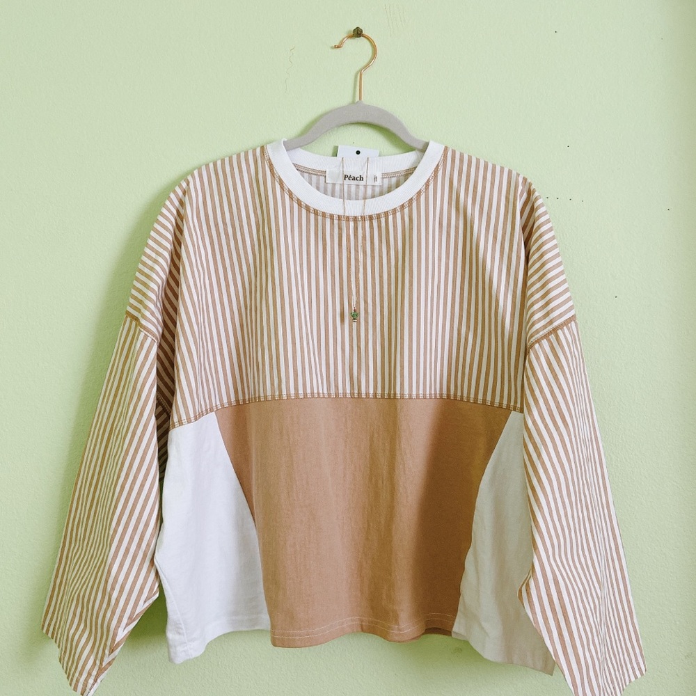Korean oversized colorblock beige striped shirt
